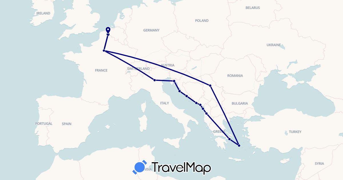TravelMap itinerary: driving in Albania, France, Greece, Croatia, Italy, Montenegro, Serbia (Europe)